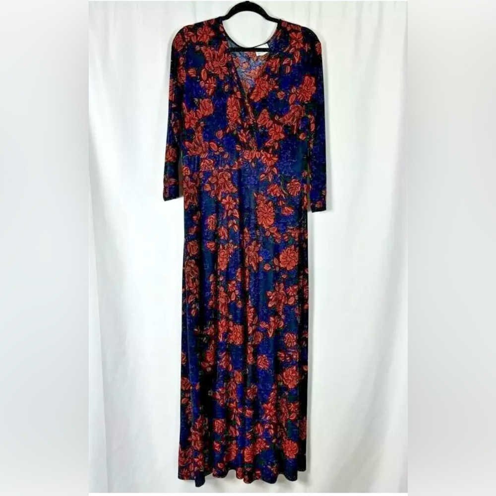 SWAK Floral Faux Wrap Maxi Dress 3/4 Sleeve - Navy and Red